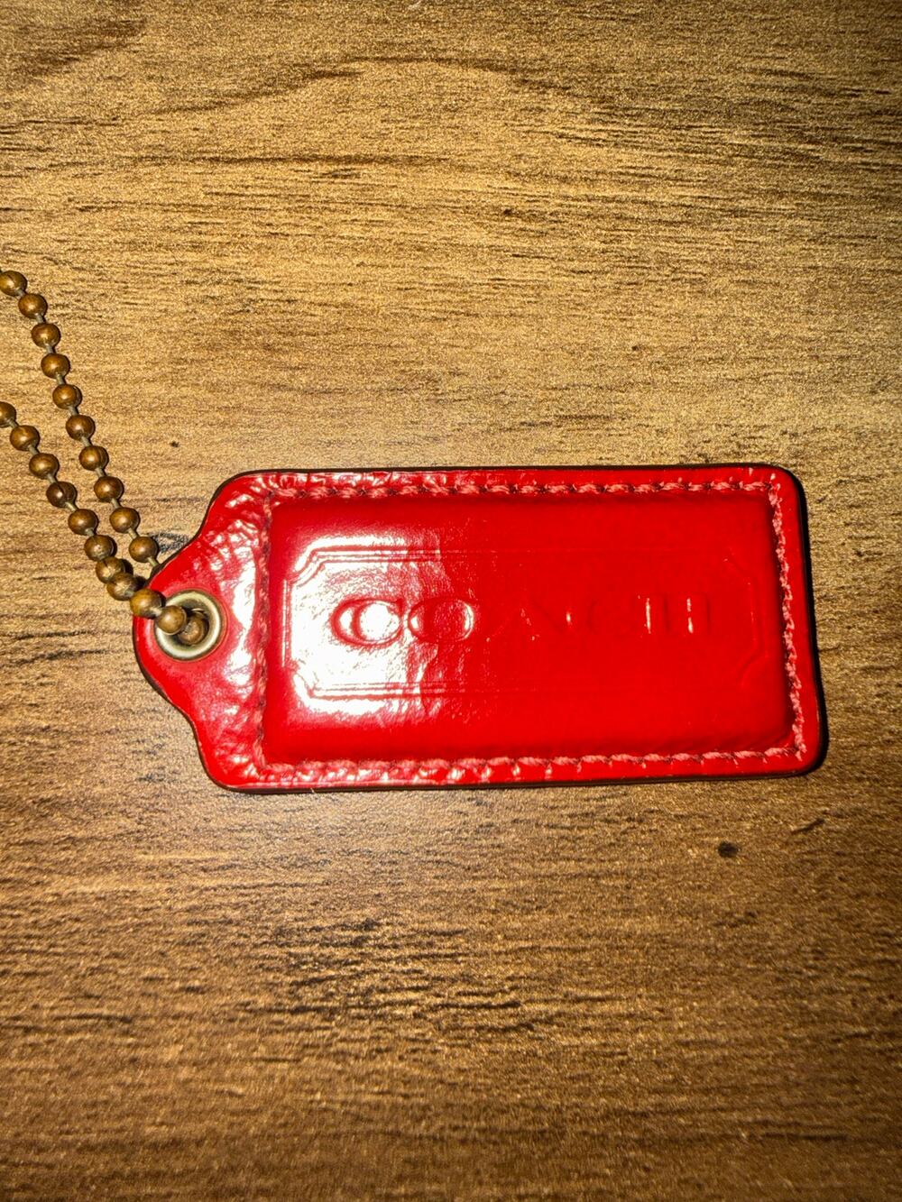 Coach Bright Red Patent Leather Hangtag Brass Ball Chain Frame Logo